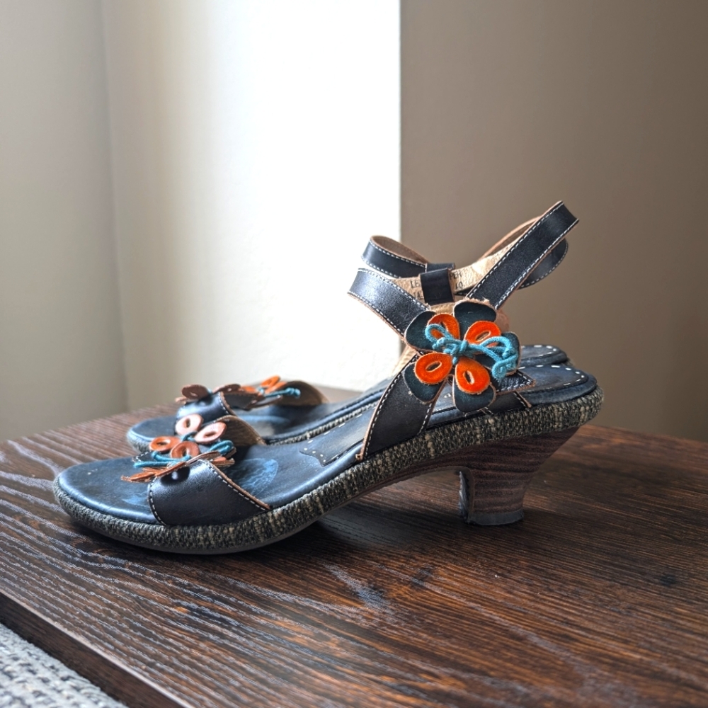 Spring Step Tarragon Teal Blue Brown Leather Floral Ankle Strap Sandals Heels